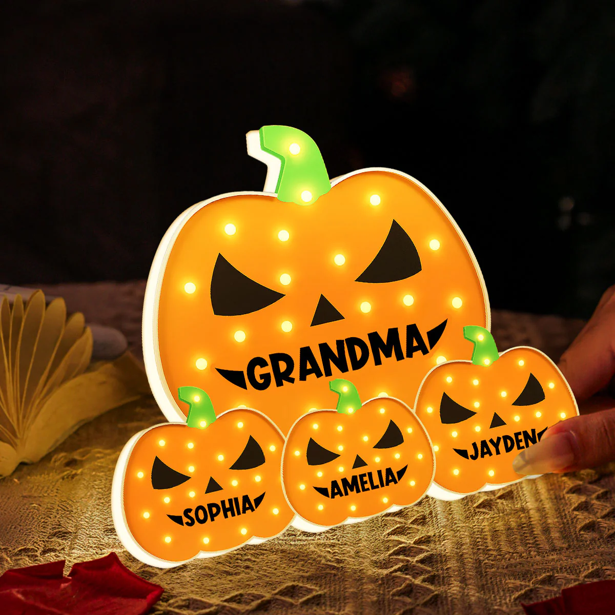 3D Effect Marquee Pattern Halloween Grandma And Grandkids Pumpkins - Personalized Light Box - Gift For Grandmas - Image 6