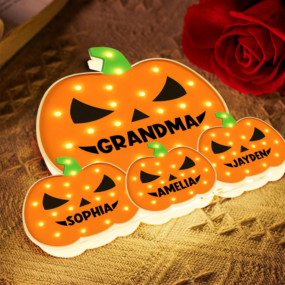 3D Effect Marquee Pattern Halloween Grandma And Grandkids Pumpkins - Personalized Light Box - Gift For Grandmas - Image 7