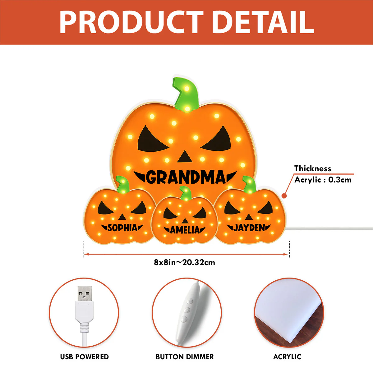 3D Effect Marquee Pattern Halloween Grandma And Grandkids Pumpkins - Personalized Light Box - Gift For Grandmas - Image 8