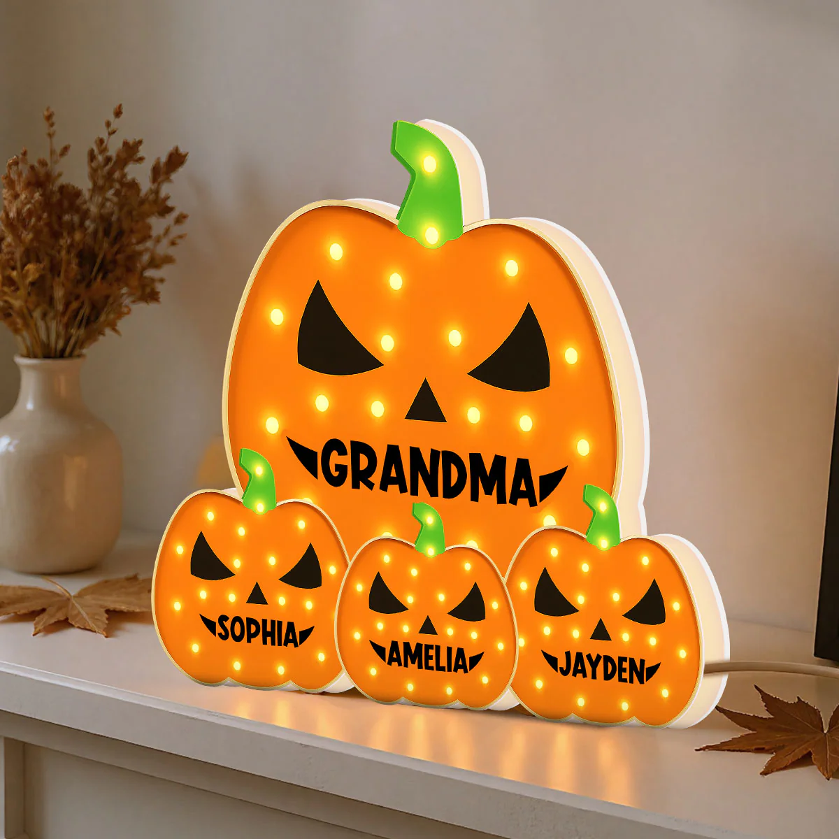 3D Effect Marquee Pattern Halloween Grandma And Grandkids Pumpkins - Personalized Light Box - Gift For Grandmas - Image 9