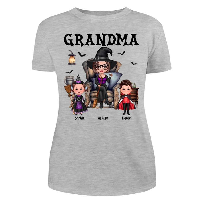 Halloween Grandma Witch Sitting On Chair Doll Kids Personalized Shirt - Image 10