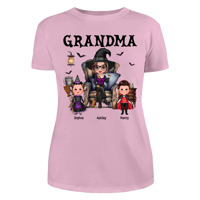Halloween Grandma Witch Sitting On Chair Doll Kids Personalized Shirt - Image 11