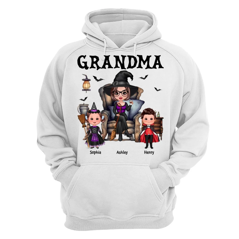 Halloween Grandma Witch Sitting On Chair Doll Kids Personalized Shirt - Image 12