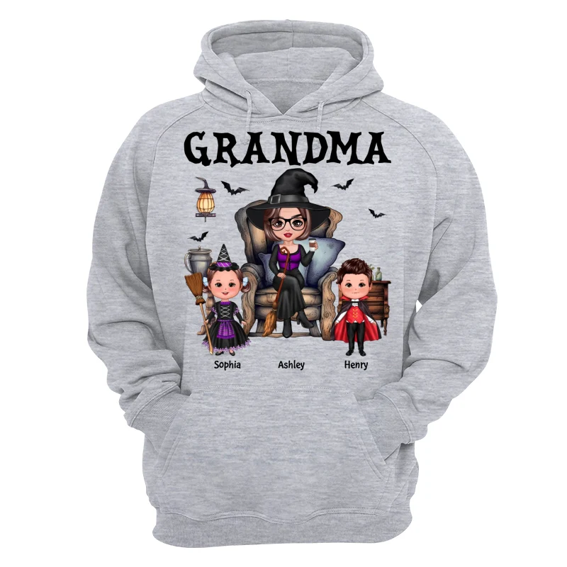 Halloween Grandma Witch Sitting On Chair Doll Kids Personalized Shirt - Image 13