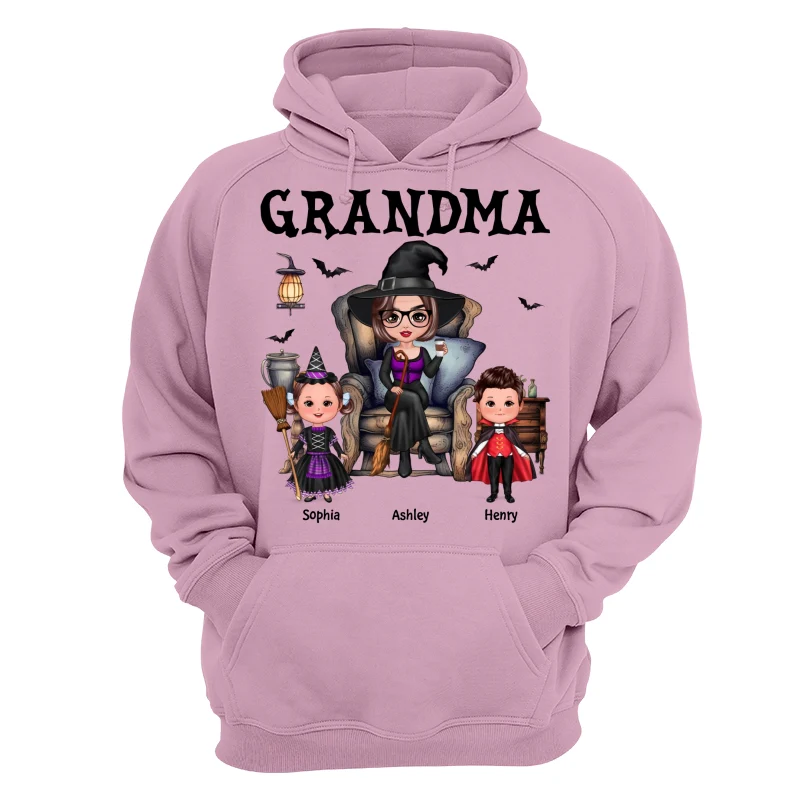 Halloween Grandma Witch Sitting On Chair Doll Kids Personalized Shirt - Image 14