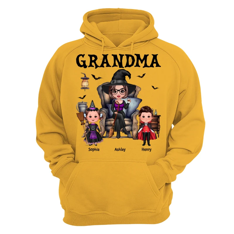 Halloween Grandma Witch Sitting On Chair Doll Kids Personalized Shirt - Image 15