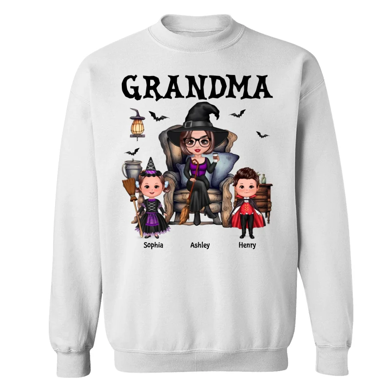 Halloween Grandma Witch Sitting On Chair Doll Kids Personalized Shirt - Image 16