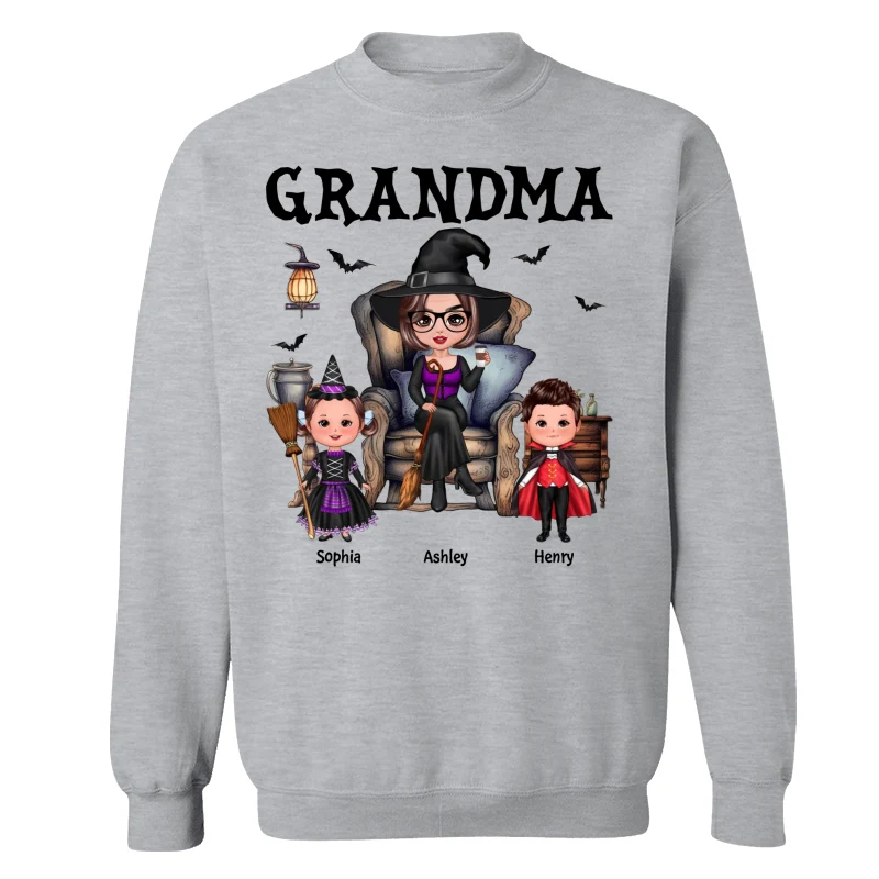 Halloween Grandma Witch Sitting On Chair Doll Kids Personalized Shirt - Image 17