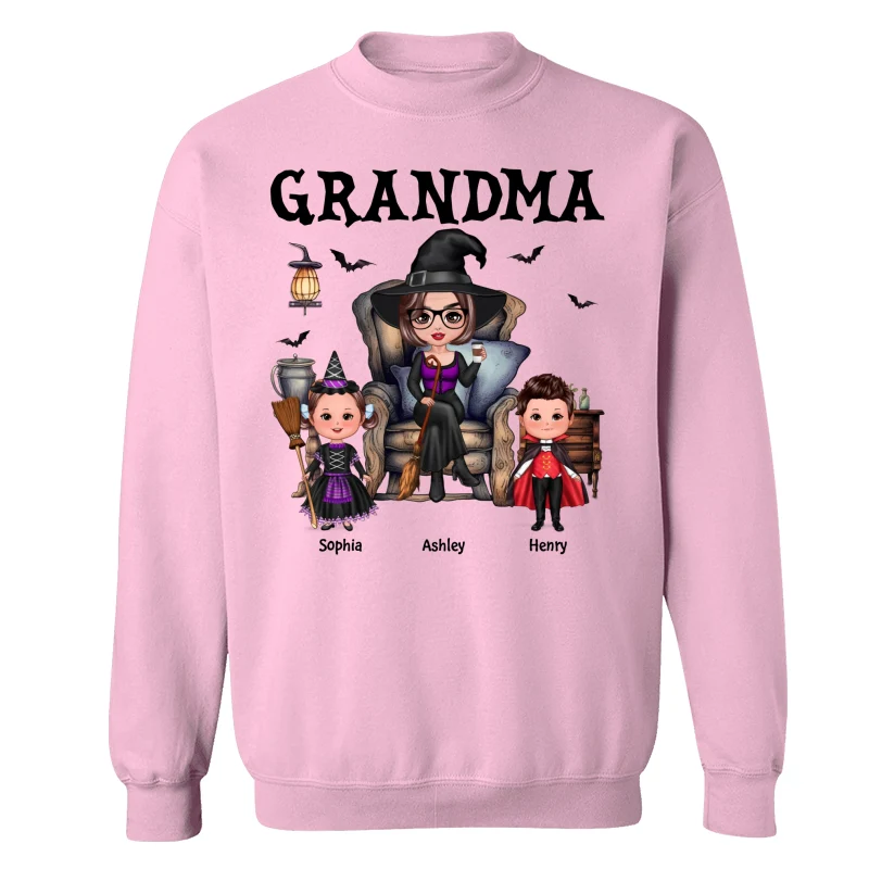 Halloween Grandma Witch Sitting On Chair Doll Kids Personalized Shirt - Image 18