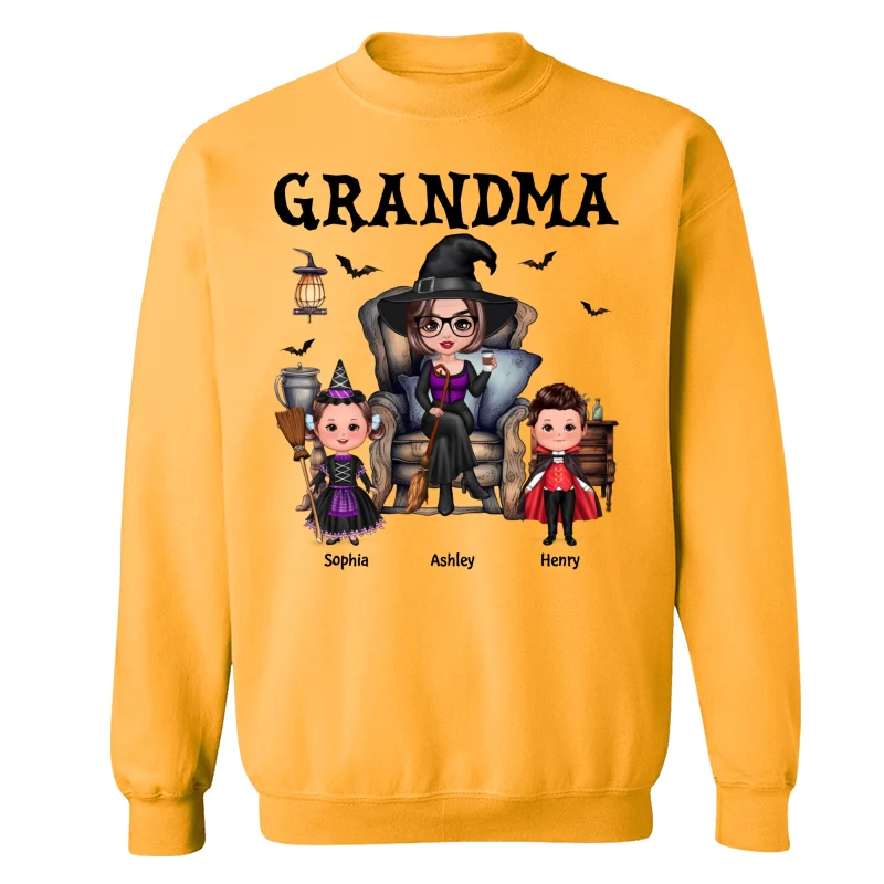 Halloween Grandma Witch Sitting On Chair Doll Kids Personalized Shirt - Image 19