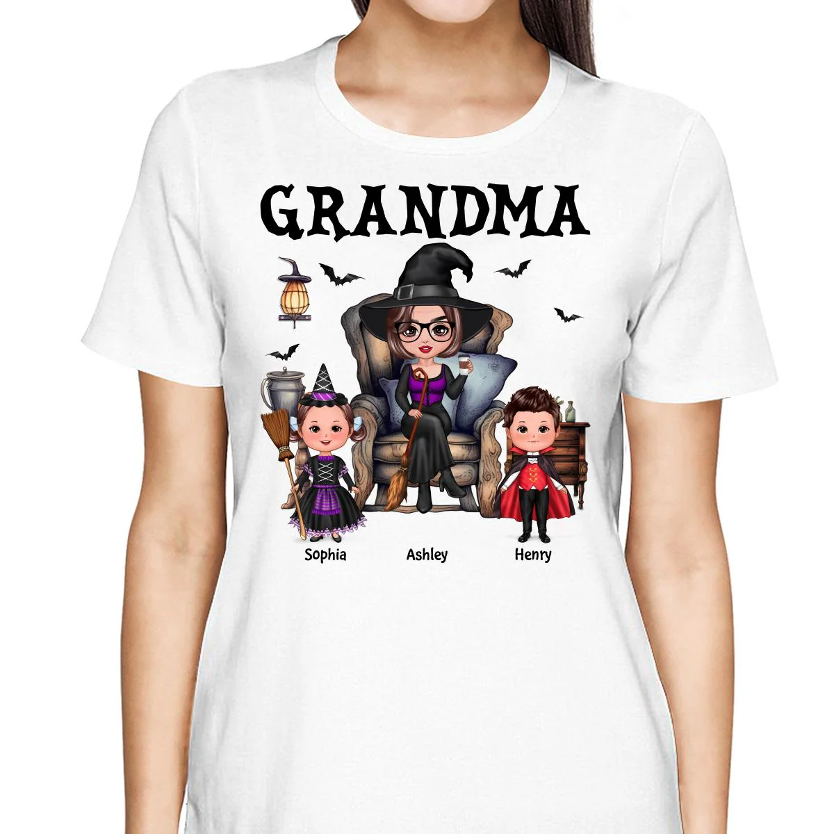 Halloween Grandma Witch Sitting On Chair Doll Kids Personalized Shirt - Image 2
