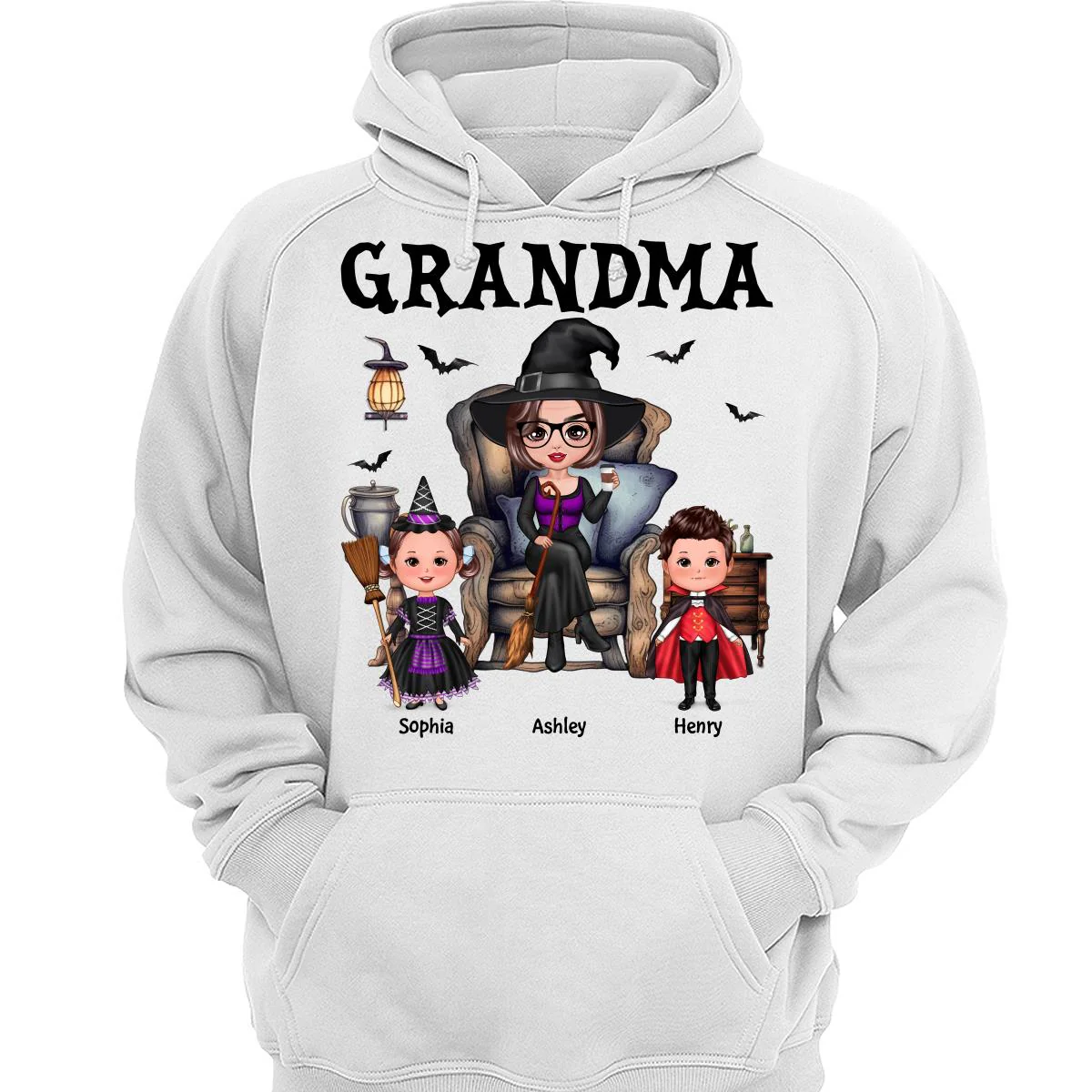 Halloween Grandma Witch Sitting On Chair Doll Kids Personalized Shirt - Image 3