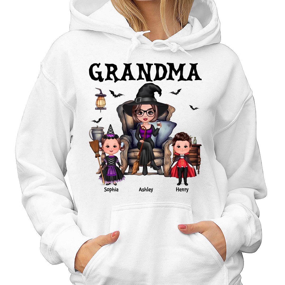 Halloween Grandma Witch Sitting On Chair Doll Kids Personalized Shirt - Image 4