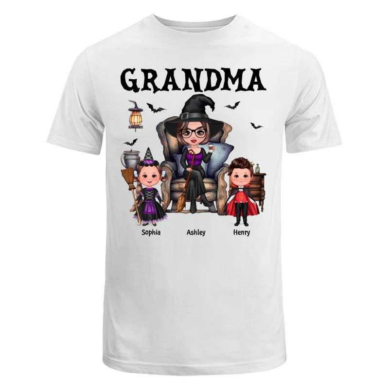 Halloween Grandma Witch Sitting On Chair Doll Kids Personalized Shirt - Image 5