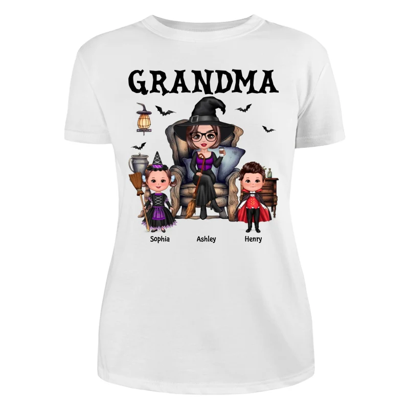 Halloween Grandma Witch Sitting On Chair Doll Kids Personalized Shirt - Image 9
