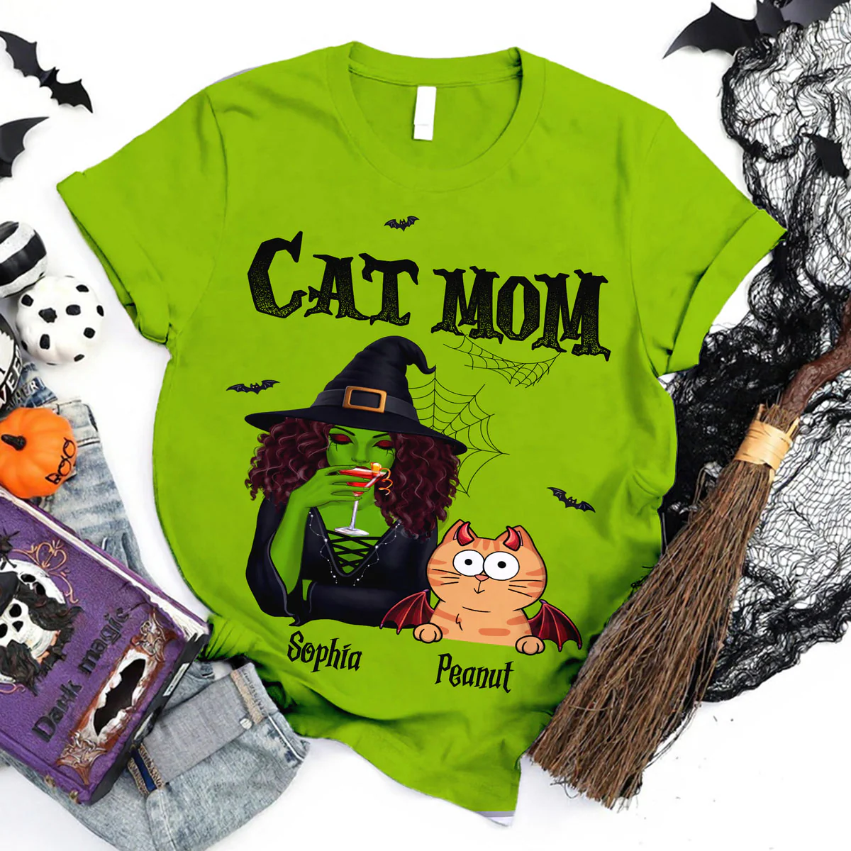 Halloween Green Witch Cat Mom Personalized Shirt, Spooky Halloween Costume For Cat Lovers
