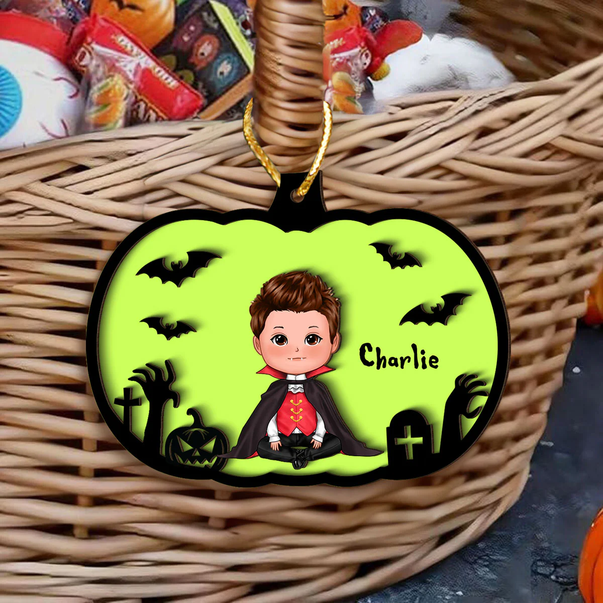 Halloween Kid Costume Personalized 2-Layer Wooden Bucket Tag - Image 2