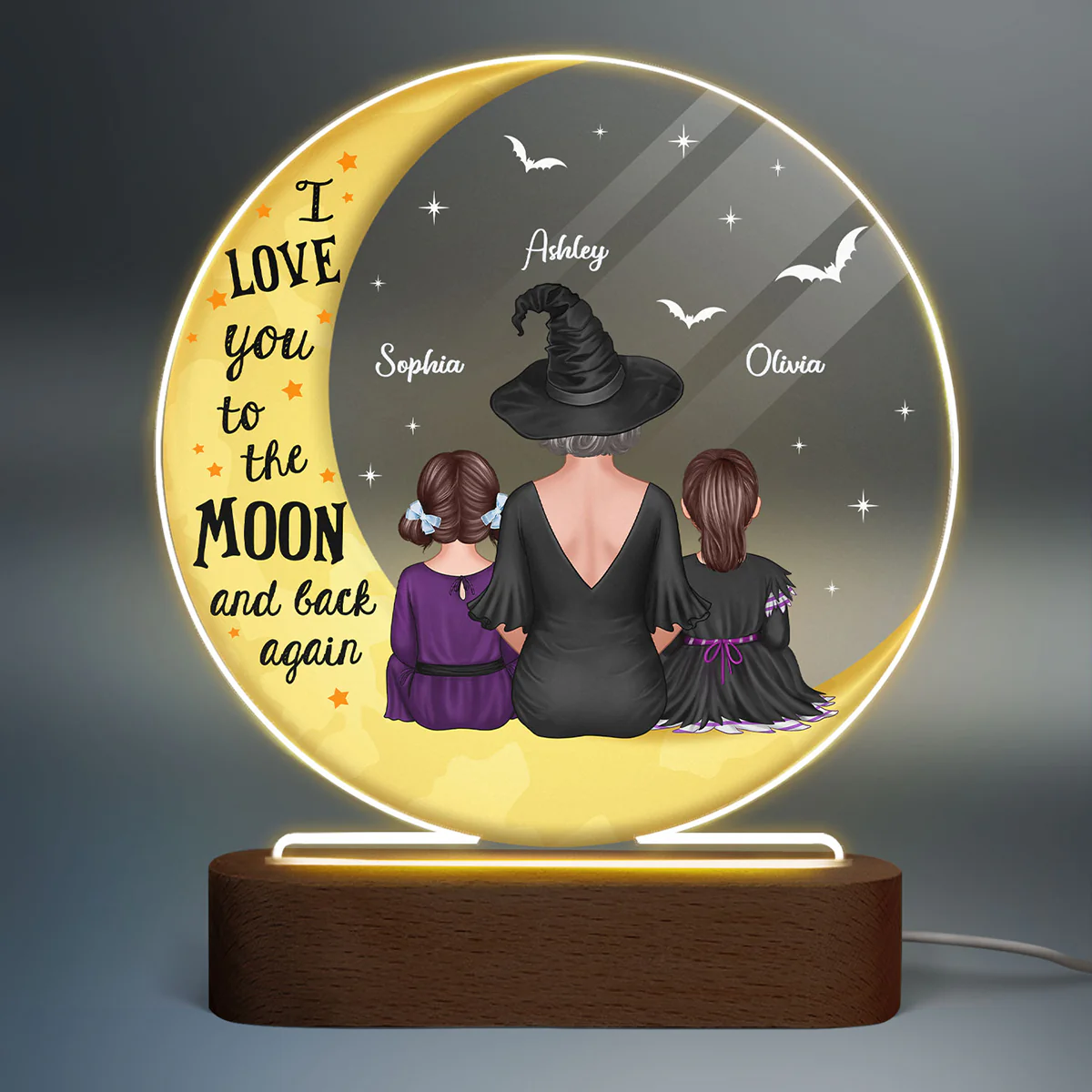 Halloween Love You To The Moon Grandma & Grandkids Personalized Circle Acrylic Plaque With LED Night Light - Image 2