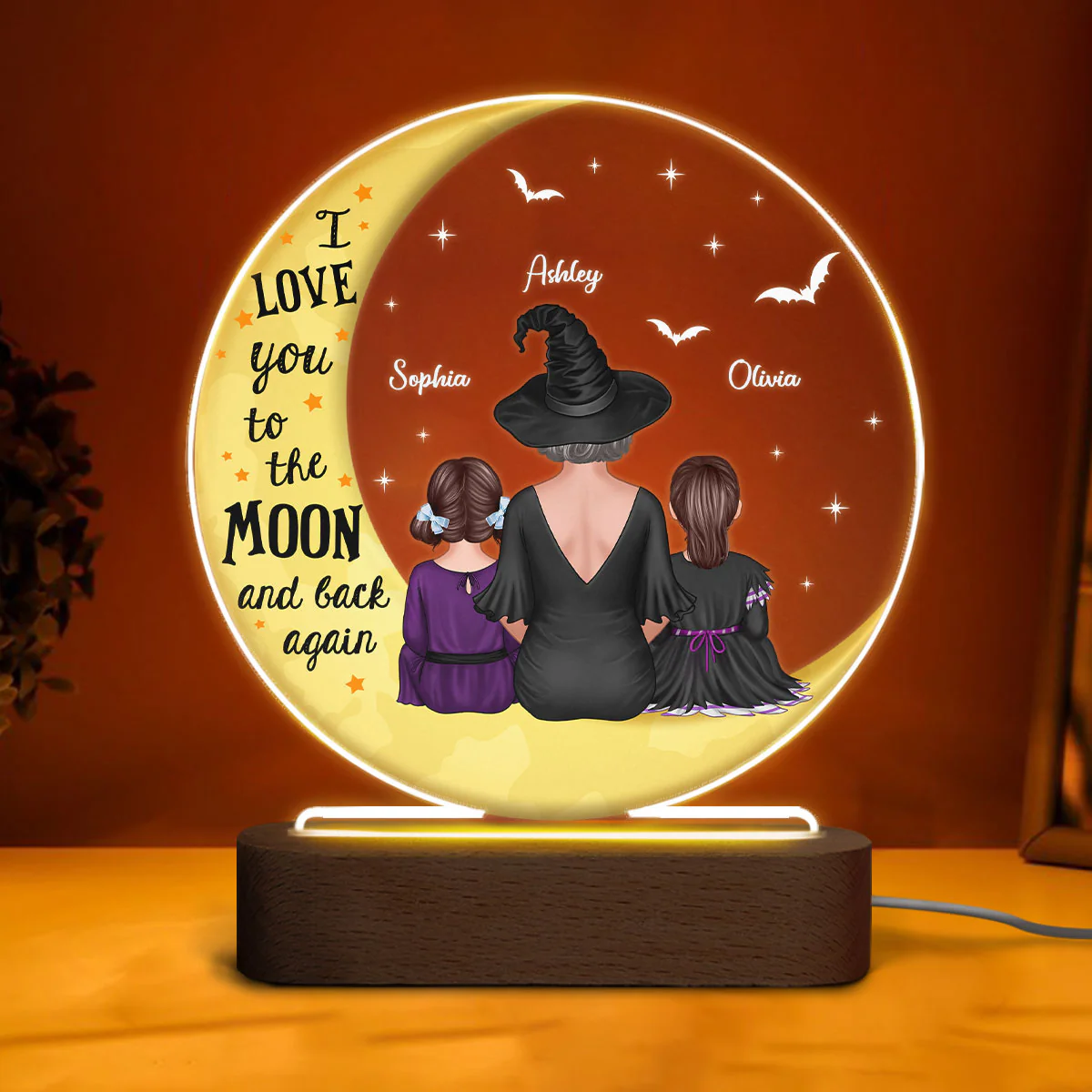 Halloween Love You To The Moon Grandma & Grandkids Personalized Circle Acrylic Plaque With LED Night Light - Image 3