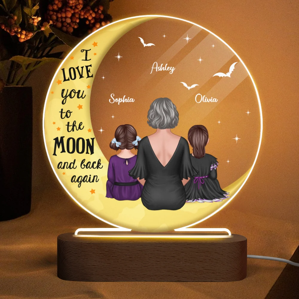 Halloween Love You To The Moon Grandma & Grandkids Personalized Circle Acrylic Plaque With LED Night Light - Image 4