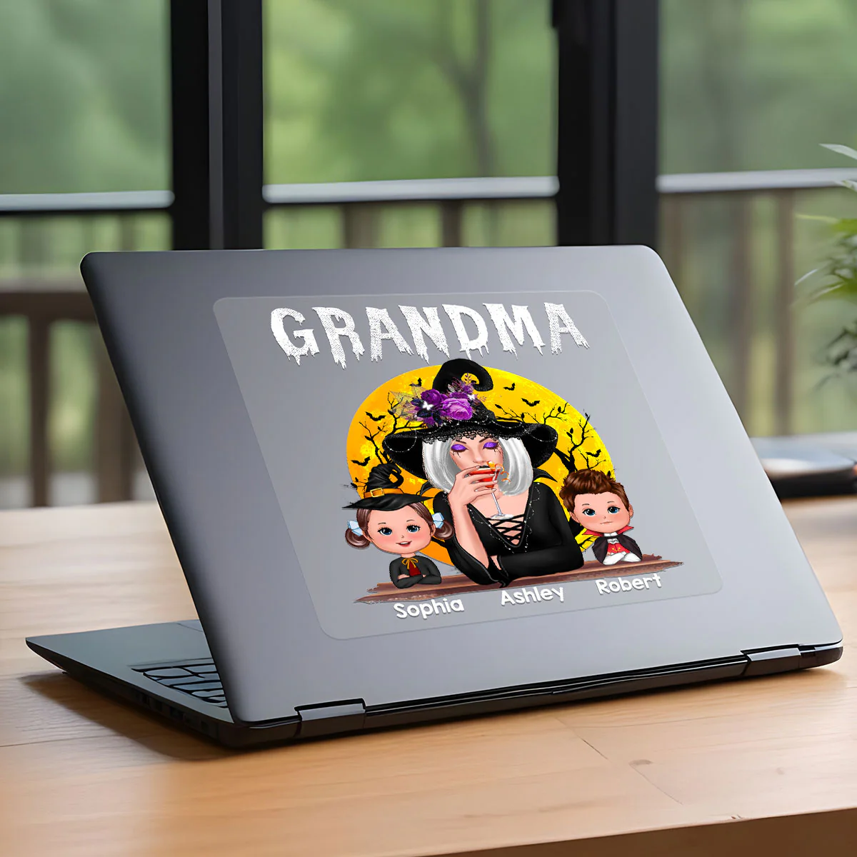 Halloween Moon Grandma Mom Witch With GrandKids Personalized Decal, Halloween Decoration - Image 6