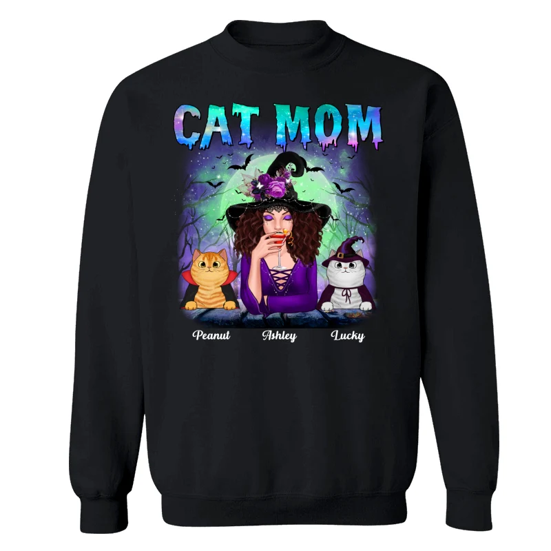 Halloween Neon Green And Purple Cat Mom Witch Personalized Shirt - Image 14