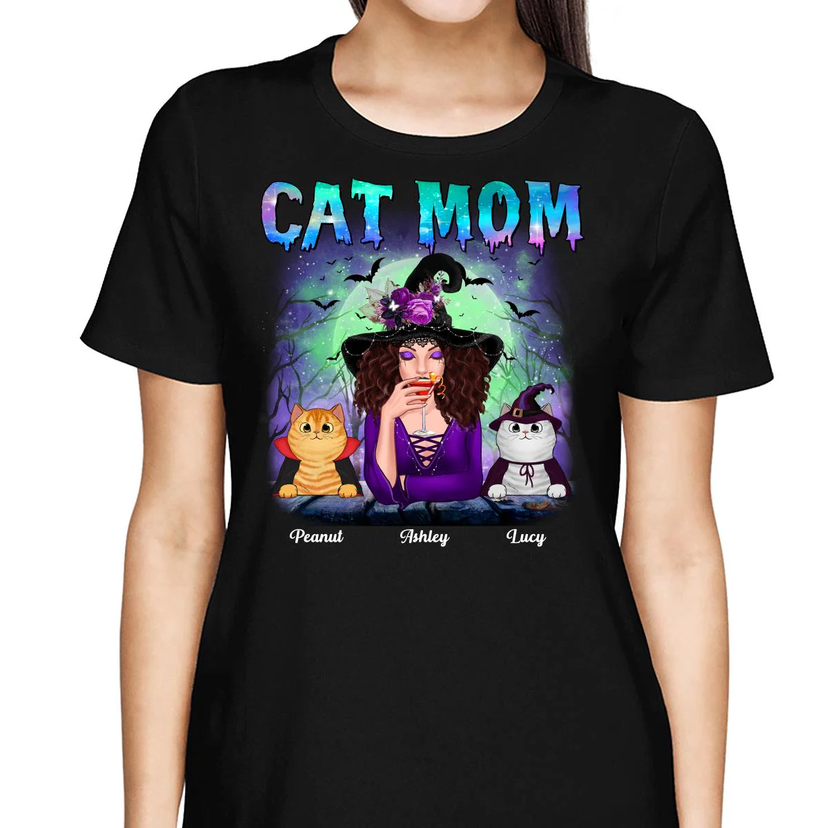 Halloween Neon Green And Purple Cat Mom Witch Personalized Shirt - Image 2