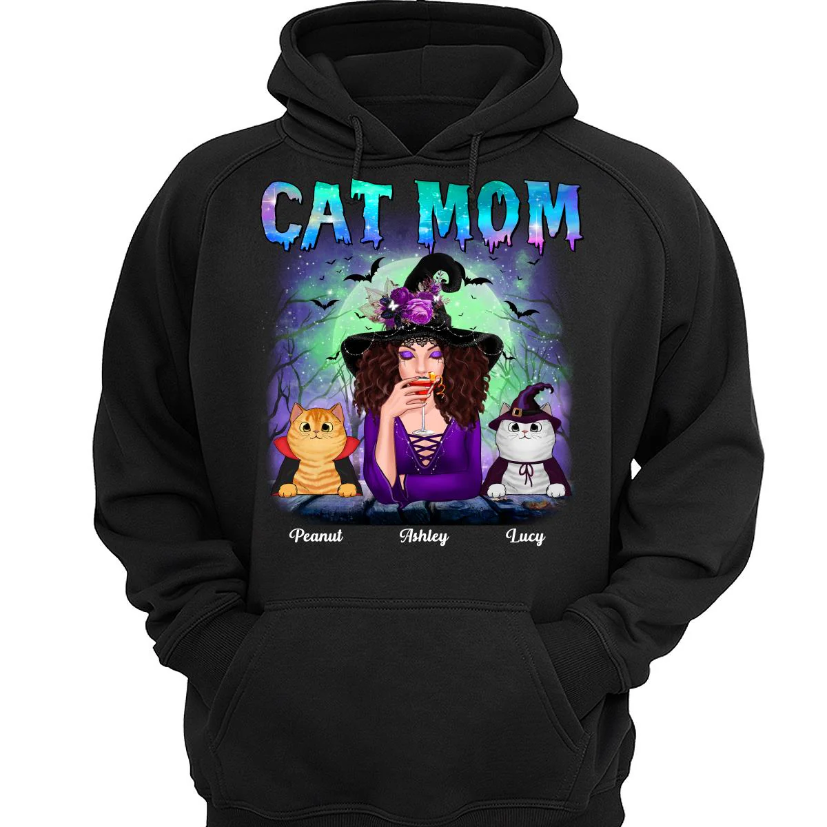 Halloween Neon Green And Purple Cat Mom Witch Personalized Shirt - Image 3