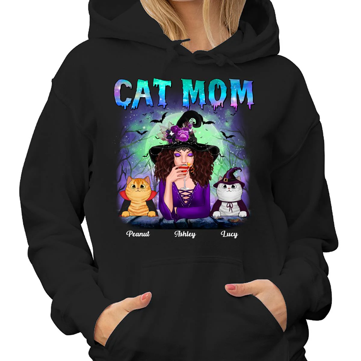 Halloween Neon Green And Purple Cat Mom Witch Personalized Shirt - Image 4