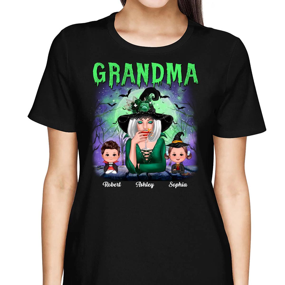 Halloween Neon Green And Purple Grandma With Grandkids Personalized Shirt - Image 2