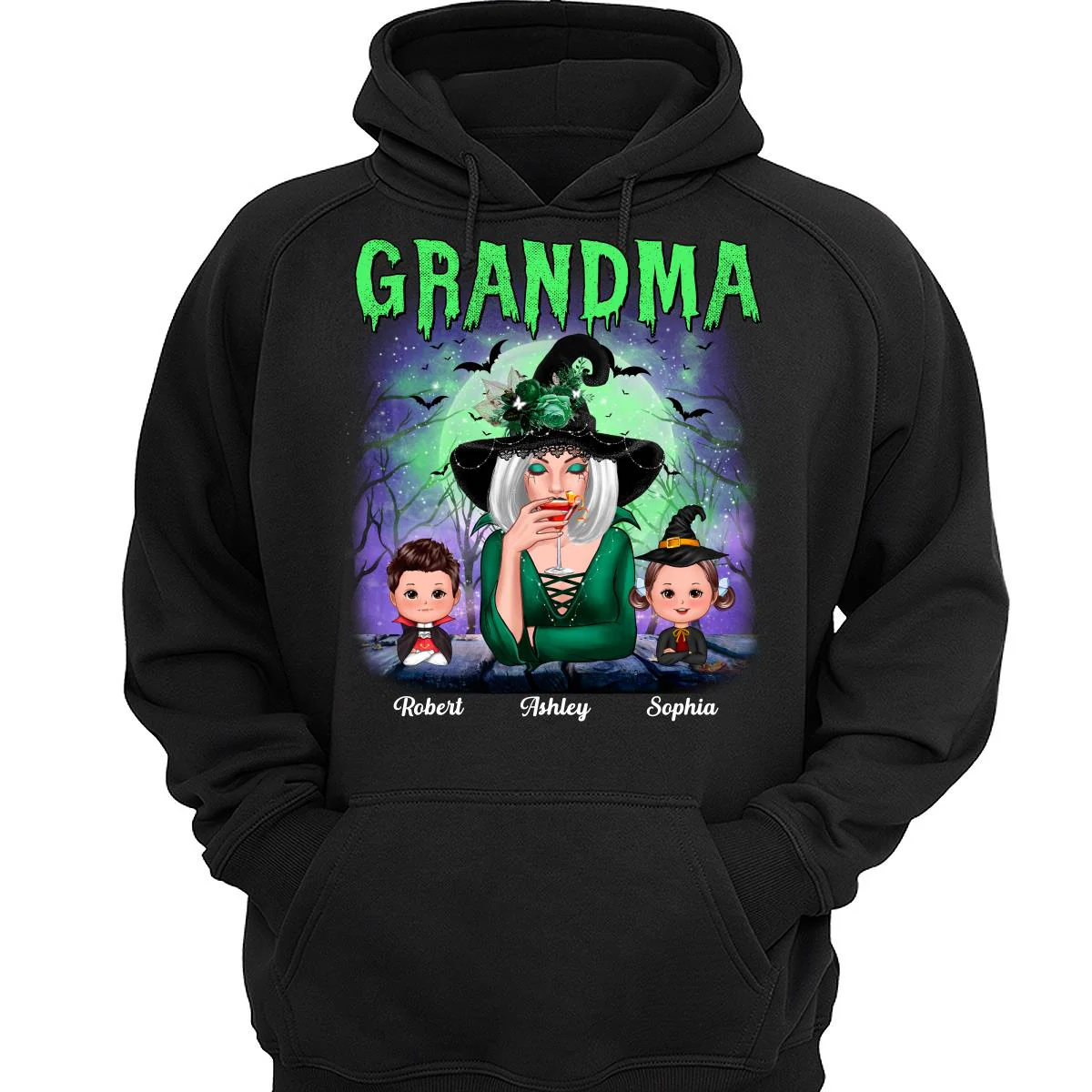 Halloween Neon Green And Purple Grandma With Grandkids Personalized Shirt - Image 3
