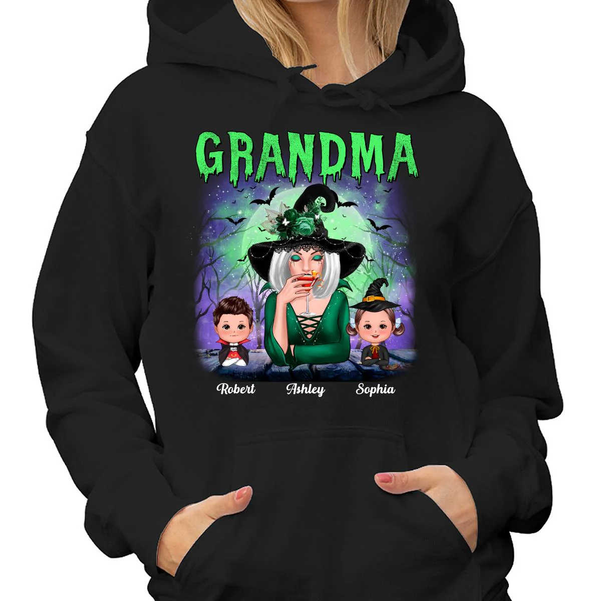 Halloween Neon Green And Purple Grandma With Grandkids Personalized Shirt - Image 4
