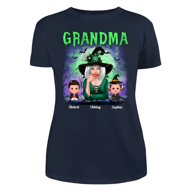 Halloween Neon Green And Purple Grandma With Grandkids Personalized Shirt - Image 9