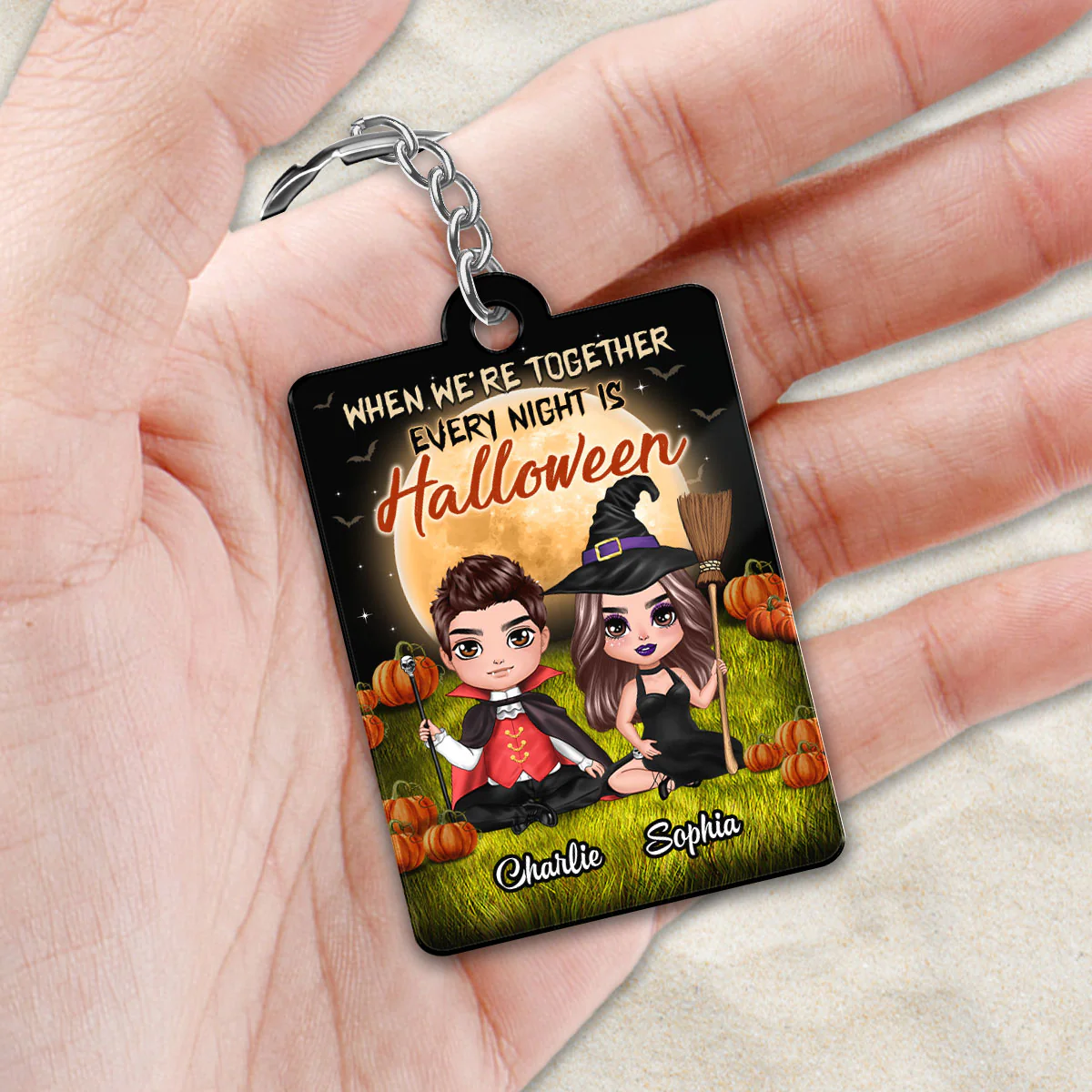 Halloween Night Doll Couple Sitting Favorite Song Scannable QR Code Personalized Acrylic Keychain - Image 2