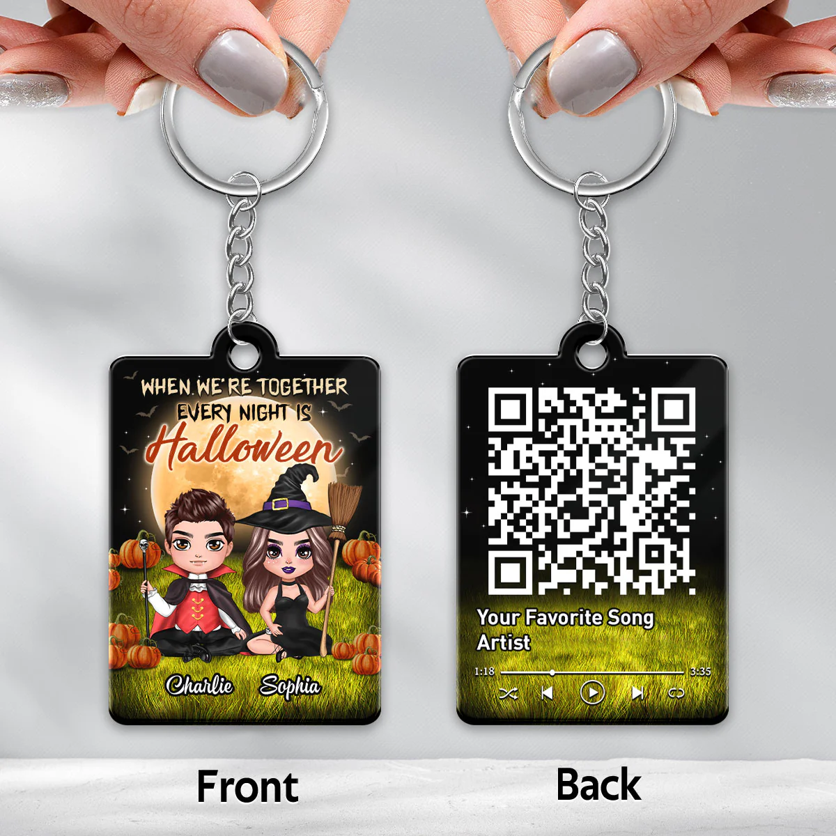 Halloween Night Doll Couple Sitting Favorite Song Scannable QR Code Personalized Acrylic Keychain - Image 3