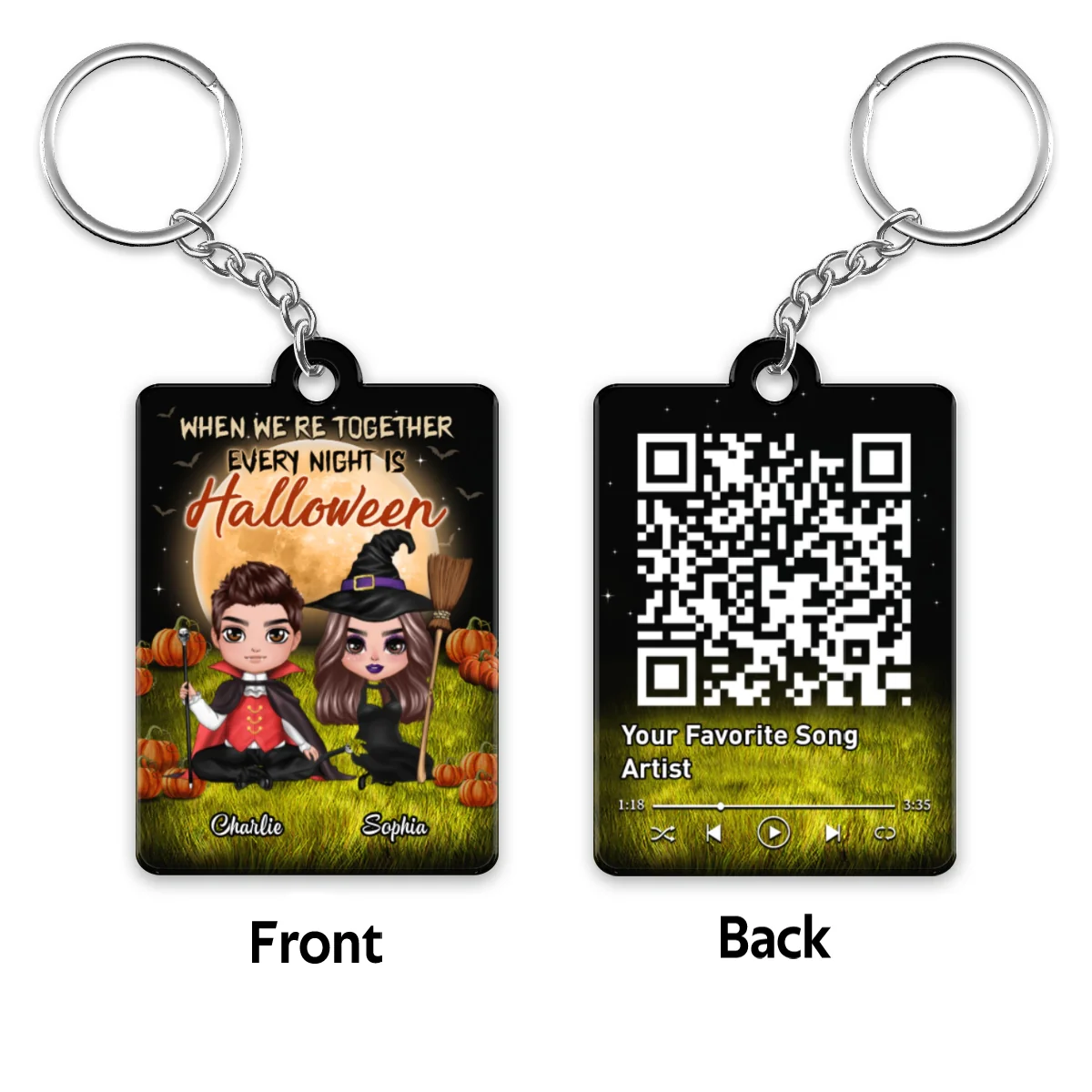 Halloween Night Doll Couple Sitting Favorite Song Scannable QR Code Personalized Acrylic Keychain - Image 4
