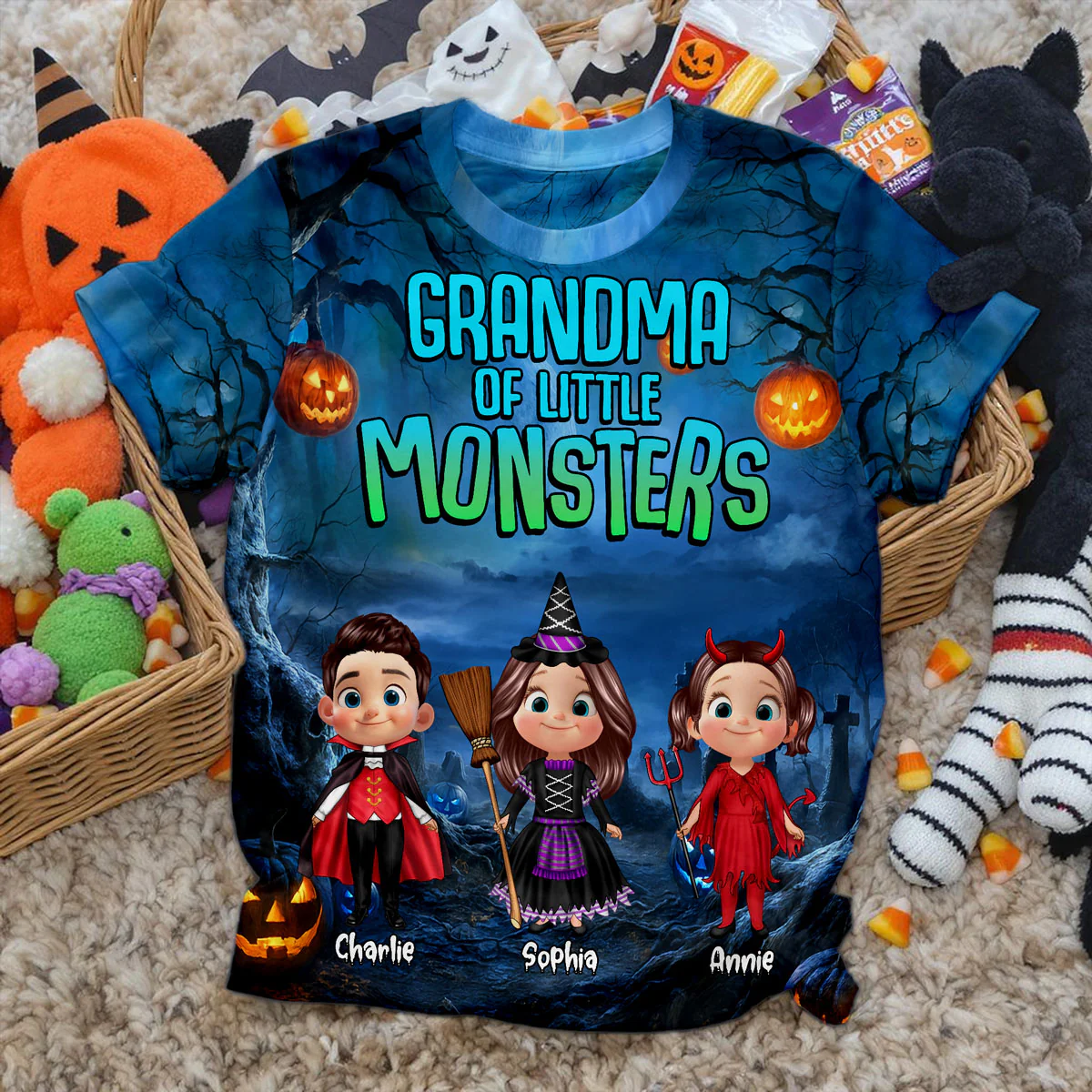 Halloween Night Mommy Daddy Grandma Grandpa Of The Little Monsters Cute Cartoon Kids Personalized 3D Shirt - Image 8