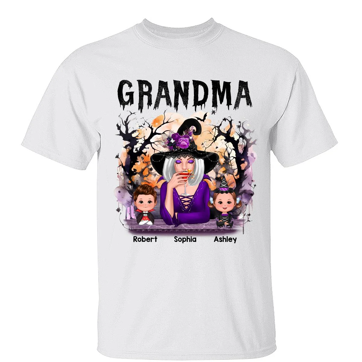 Halloween Orange Purple Dripping Grandma & Grandkids Personalized Shirt