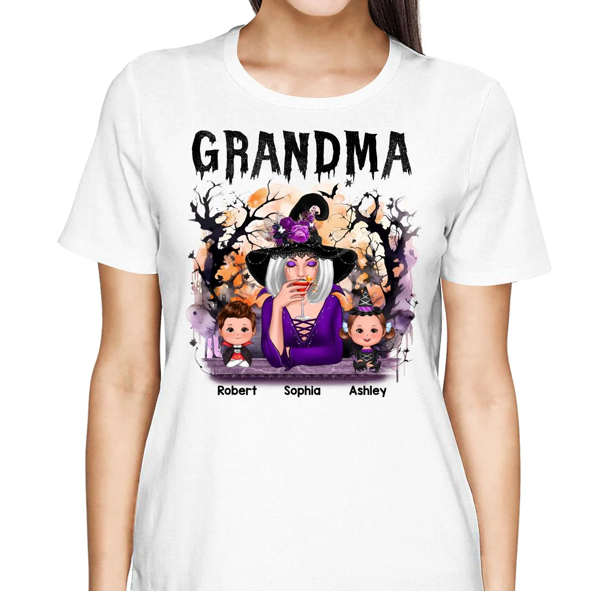 Halloween Orange Purple Dripping Grandma & Grandkids Personalized Shirt - Image 2