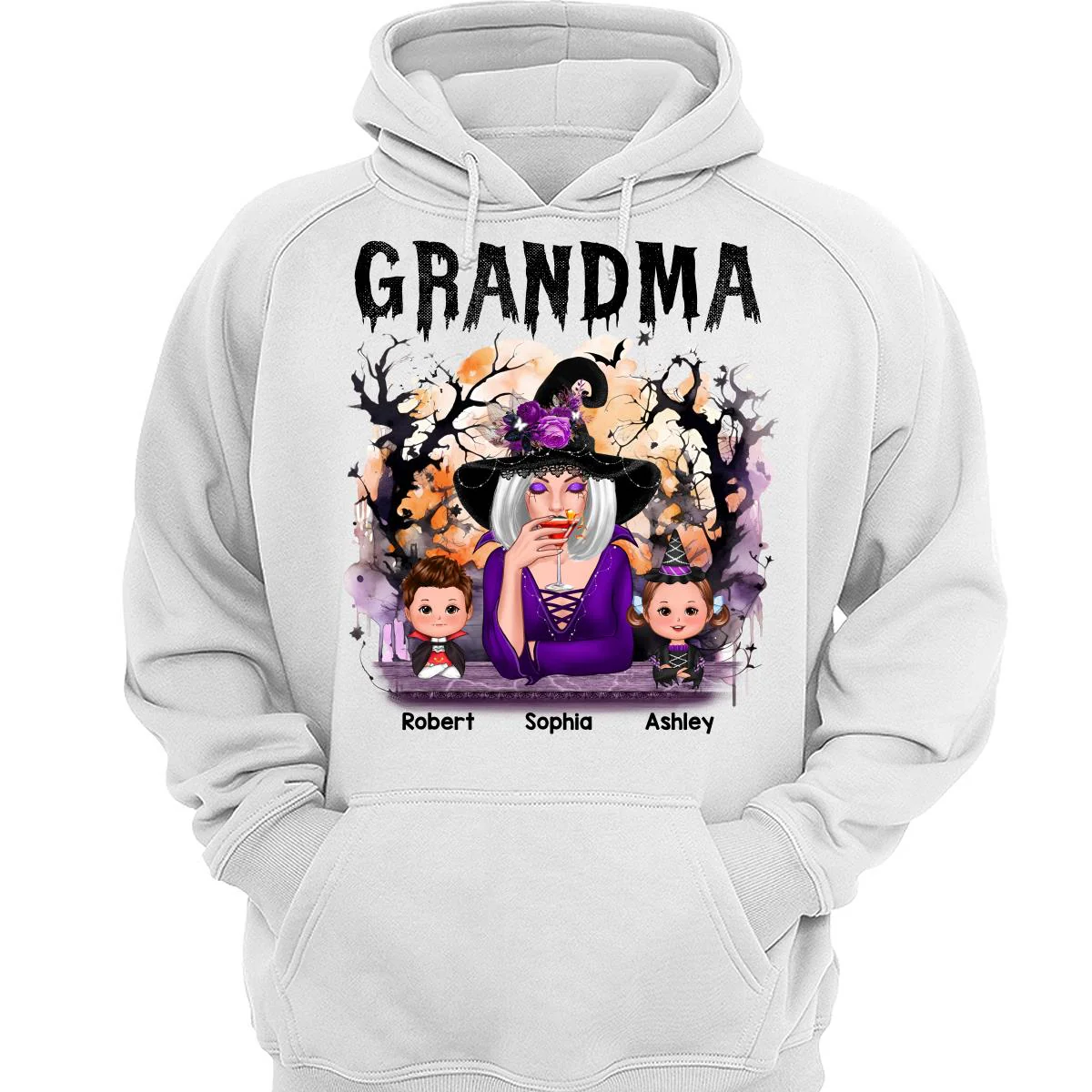 Halloween Orange Purple Dripping Grandma & Grandkids Personalized Shirt - Image 3