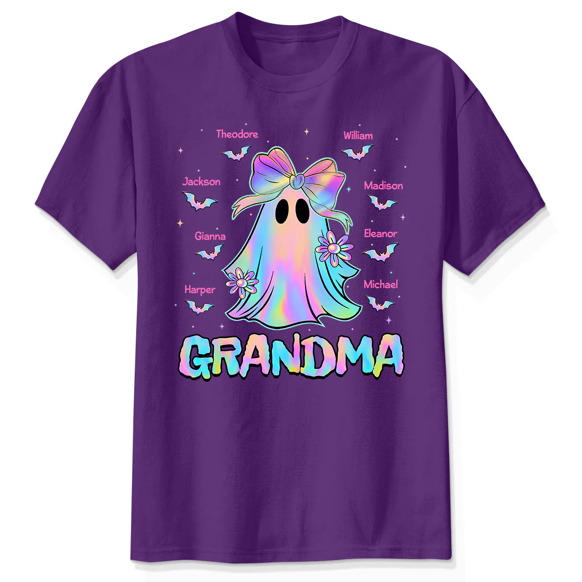 Halloween Preppy Style Iridescent Boo Kids Names Grandma Heart Personalized Shirt