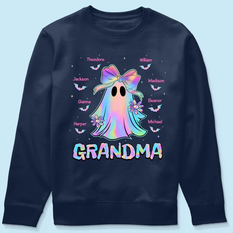 Halloween Preppy Style Iridescent Boo Kids Names Grandma Heart Personalized Shirt - Image 20
