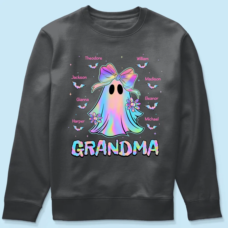 Halloween Preppy Style Iridescent Boo Kids Names Grandma Heart Personalized Shirt - Image 21