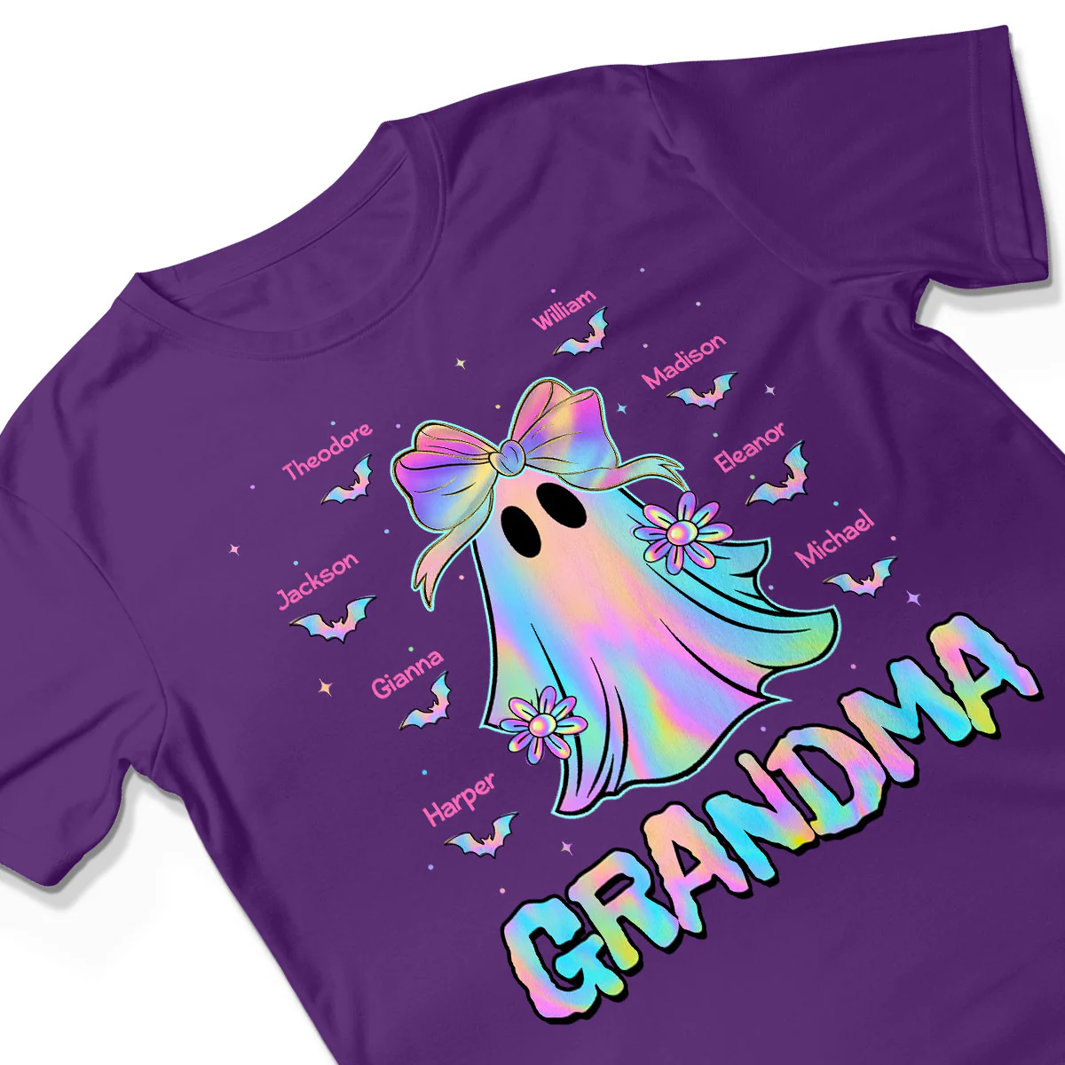 Halloween Preppy Style Iridescent Boo Kids Names Grandma Heart Personalized Shirt - Image 3