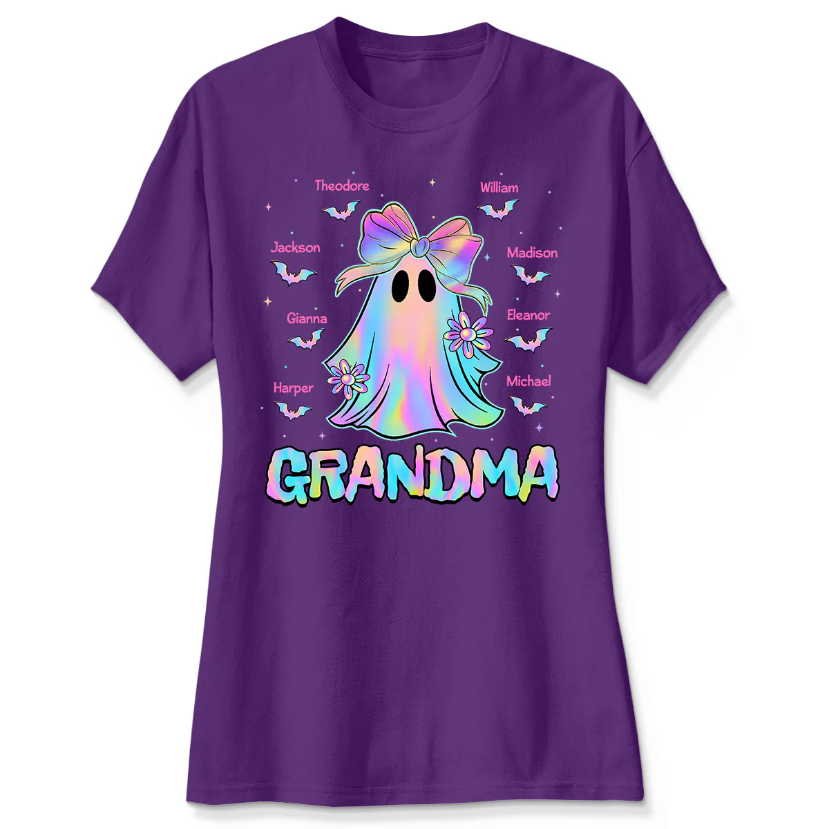Halloween Preppy Style Iridescent Boo Kids Names Grandma Heart Personalized Shirt - Image 4
