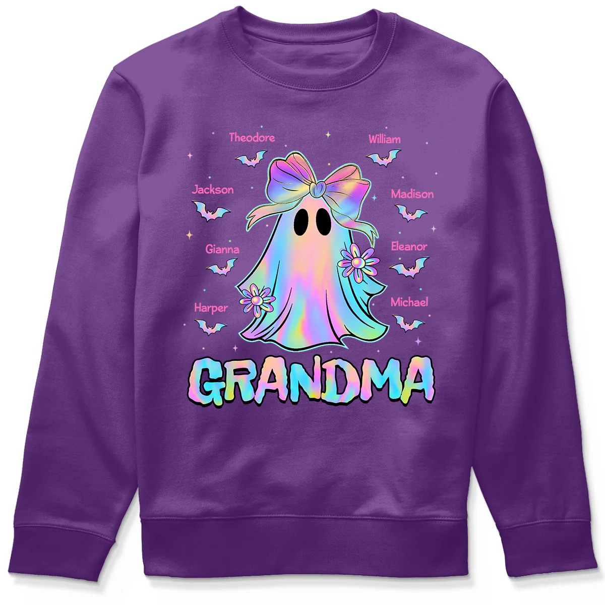 Halloween Preppy Style Iridescent Boo Kids Names Grandma Heart Personalized Shirt - Image 5