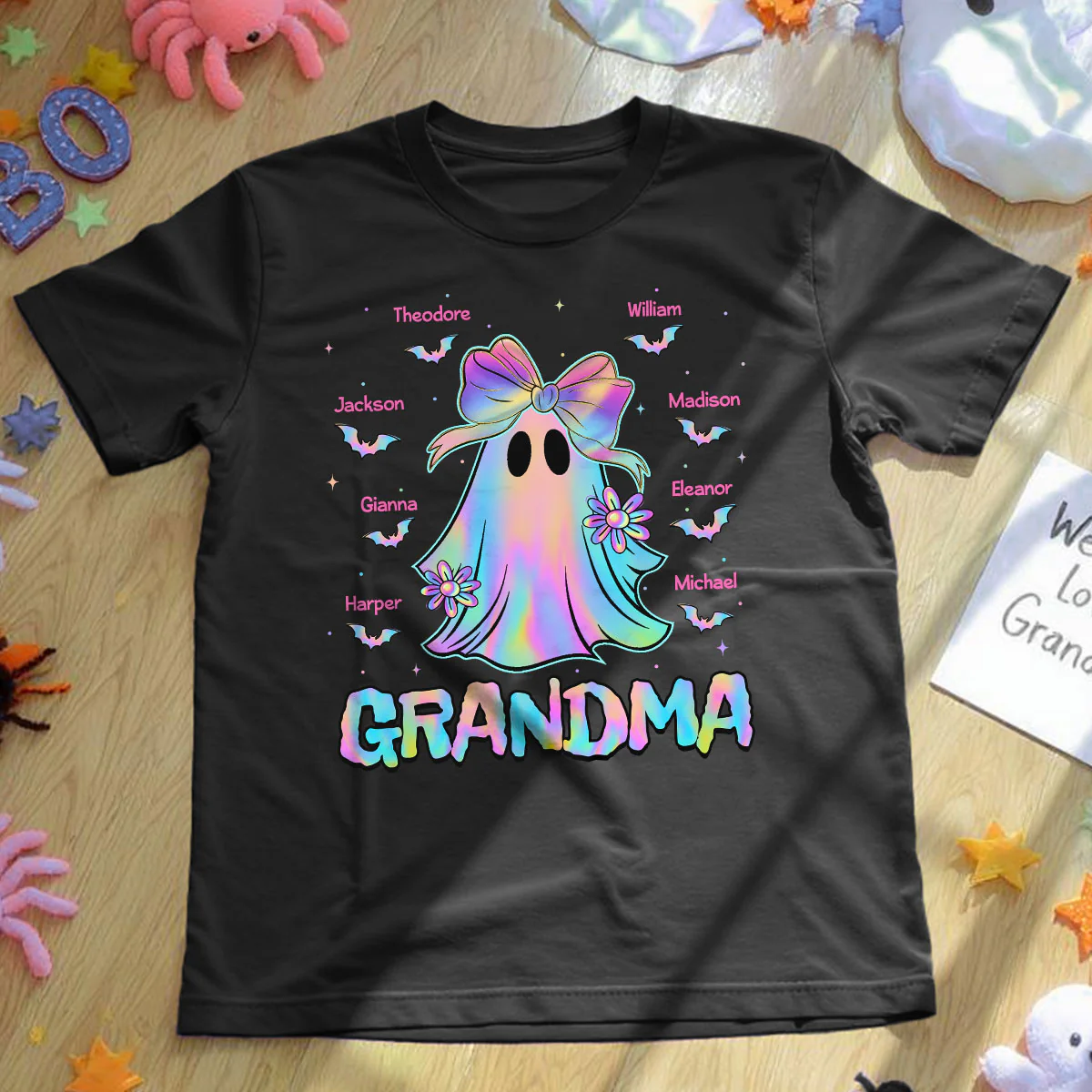 Halloween Preppy Style Iridescent Boo Kids Names Grandma Heart Personalized Shirt - Image 6