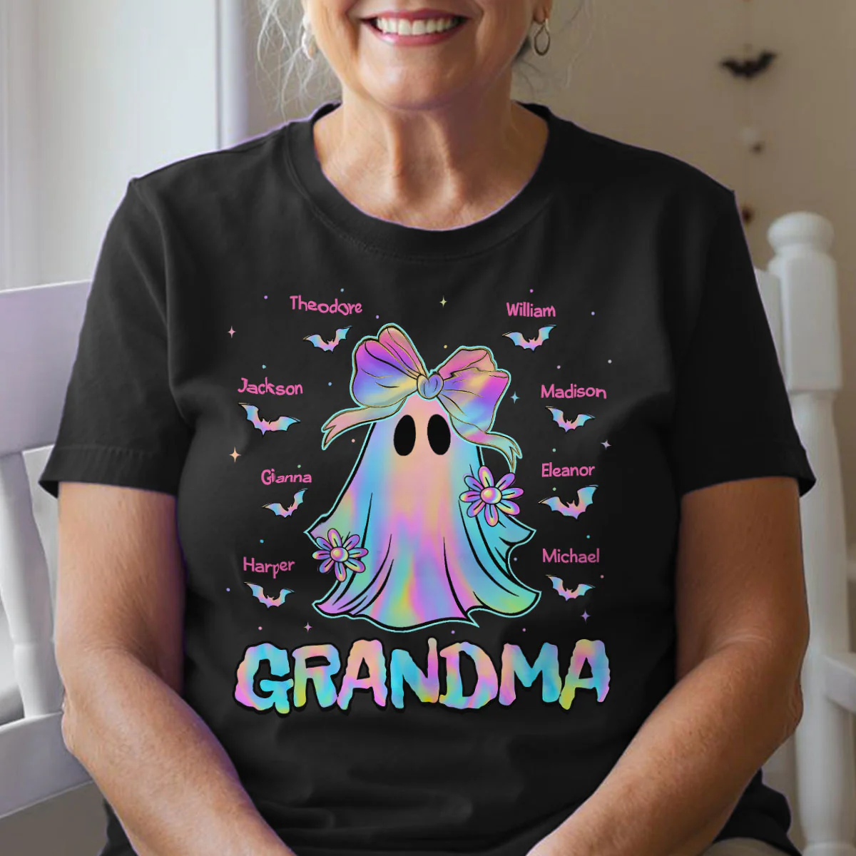 Halloween Preppy Style Iridescent Boo Kids Names Grandma Heart Personalized Shirt - Image 7