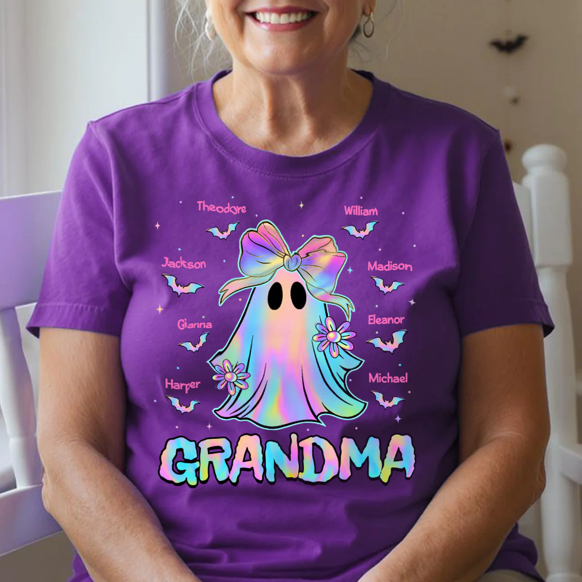 Halloween Preppy Style Iridescent Boo Kids Names Grandma Heart Personalized Shirt - Image 8