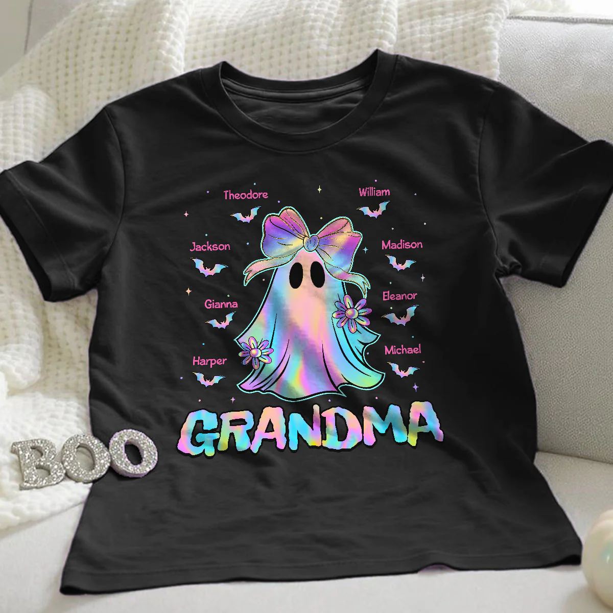 Halloween Preppy Style Iridescent Boo Kids Names Grandma Heart Personalized Shirt - Image 9